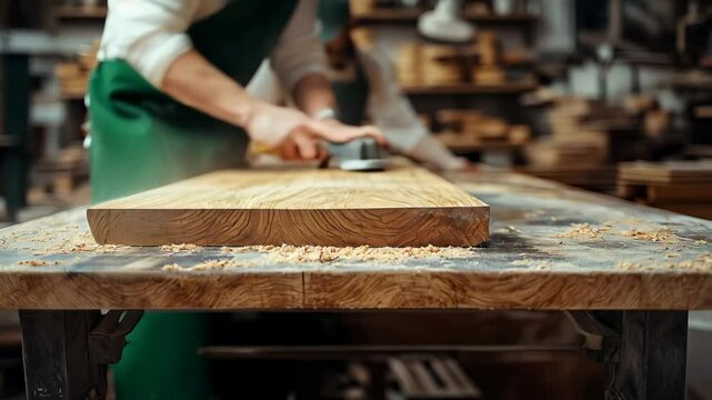 Skilled woodworker carefully smoothing wooden plank using traditional hand plane, generating sawdust while working precisely on workbench in carpentry workshop