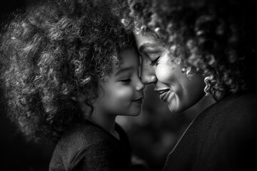 Emotional moment between mother and child captured in black and white with focus on their joyful expressions