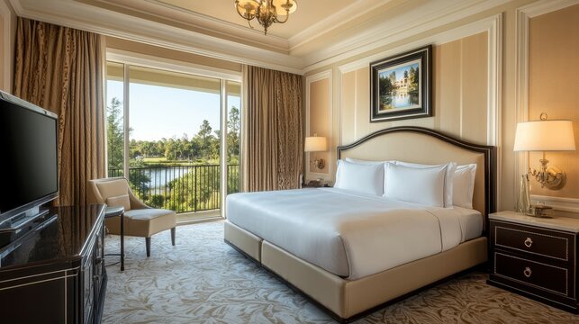 Luxury hotel suite with king bed, overlooking a tranquil lake. Showcase upscale accommodations and peaceful getaways.