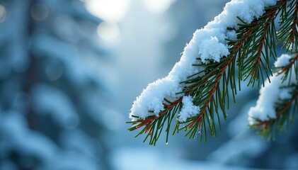 Pine branches heavy with fresh snow pine branches, frosty leaves, pine tree