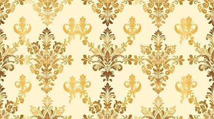 A vintage seamless pattern with damask-inspired motifs rendered in a detailed illustrative style with muted gold and cream colors, creating an elegant and luxurious composition, suitab.