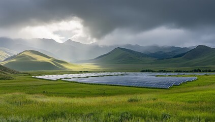 Fototapeta premium Solar panels array in grassy valley, mountains in background, sunlight breaking through clouds
