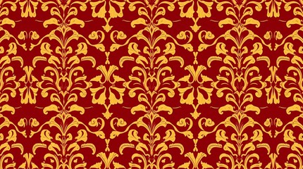 A vintage-inspired seamless pattern featuring damask-style motifs in deep burgundy and gold, presented in a sophisticated, ornate style, with a symmetrical layout, evocative of classic.
