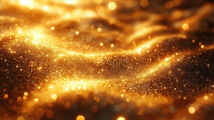 Naklejka premium Golden Glittering Particles on Shimmering Surface with Soft Waves