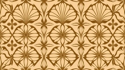 A vintage-style seamless pattern with repeating art deco motifs, rendered in sepia tones, featuring a geometric design, with a symmetrical layout and a balanced composition.