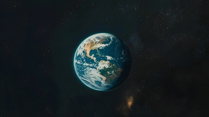 Fototapeta premium Stunning view of Earth from space, showcasing the Americas and swirling clouds against a backdrop of twinkling stars and the dark expanse of space. A beautiful cosmic scene.