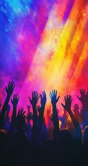 Crowd raising hands at colorful concert