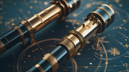 Celestial observation tools on star chart - two elegant telescopes positioned on a star chart, symbolizing exploration, discovery, knowledge, wonder, and the cosmos. Ancient Star Maps. Illustration
