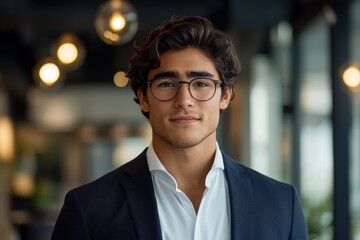 Fototapeta premium Portrait of a young man in glasses, wearing a suit. Ideal for corporate, business, or professional concepts.