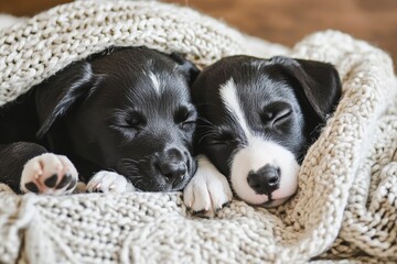 Two cute puppies snuggled together under a cozy blanket while sleeping peacefully