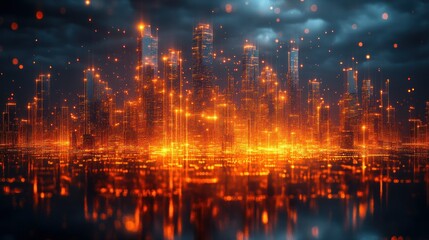 Futuristic Cityscape at Night with Glowing Lights and Dark Clouds