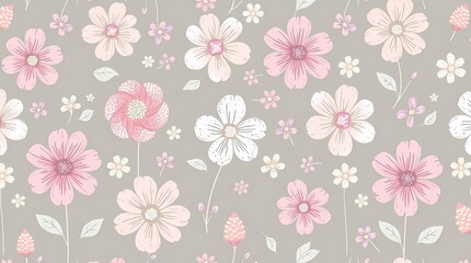 Fototapeta premium A whimsical seamless pattern of hand-drawn pastel flowers, with soft pink, lavender, and mint green tones, exhibiting a naive and slightly imperfect style, creating a delicate and char.