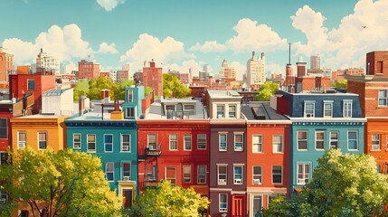 Vibrant row houses under a bright sky offer a charming city scene