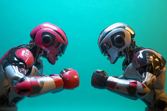 Two Robots Fighting Isolated on a Color Background