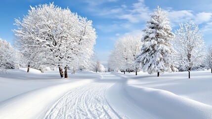 Fototapeta premium Snowy winter path through trees. Peaceful winter scene. Possible use Nature background
