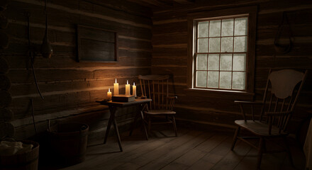 Rustic log cabin interior with wooden chairs and burning candles cozy atmosphere vintage room winter window light wooden on transparent background old
