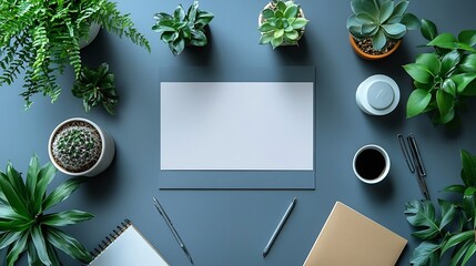 Office Desk with Blank Notebook and Coffee Surrounded by Green Plants on Gray