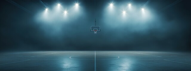 Empty Basketball Court at Night: Dramatic Lighting, Indoor Arena, Game Prep, Quiet Atmosphere,  Hoops,  Sport,  Competition,  Victory,  Teamwork,  Practice
