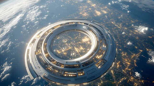 Futuristic space station orbiting Earth.  A circular structure with a transparent center reveals city lights below.  Stunning high-resolution CGI artwork.