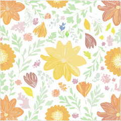Floral decorative pattern with different flowers and plants, summer design, vector background.