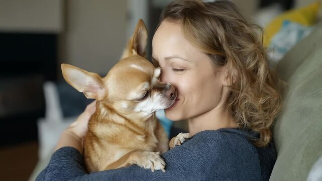Loving woman cuddling small chihuahua, enjoying close bond and receiving gentle dog kisses on cozy home sofa