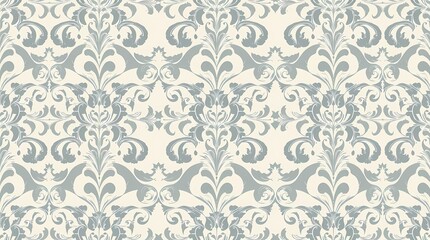 An elegant seamless pattern of damask design with detailed floral scrolls, created using a vector-based illustration style, showcasing a classic elegant aesthetic, rendered in soft pas.
