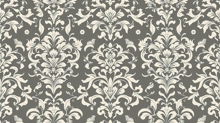 An elegant seamless pattern of intricate floral designs in a classic damask style, rendered in a monochromatic palette of deep gray and off-white, featuring a refined and sophisticated.