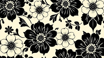 Fototapeta premium An elegant seamless pattern of intricately detailed floral motifs, rendered in a monochromatic palette of deep blacks and creamy whites, featuring a vintage woodcut style, with a symme.