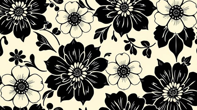 An elegant seamless pattern of intricately detailed floral motifs, rendered in a monochromatic palette of deep blacks and creamy whites, featuring a vintage woodcut style, with a symme.