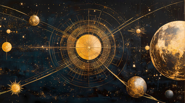 Depiction of cosmic journey featuring celestial orbits astral planes in glowing cosmic art. Ancient Star Maps. Illustration