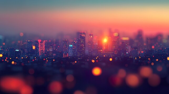 Blurry cityscape at sunset with bokeh effect.
