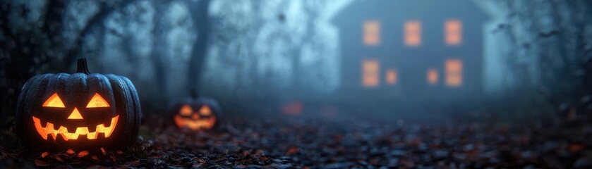 Naklejka premium Spooky Halloween Night with Jack-o'-Lanterns and Eerie House