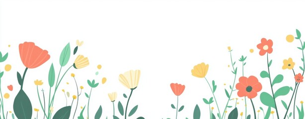 Colorful cartoon flowers border the white background, with a flat design, in a cute style and uses pastel green and white Generative AI