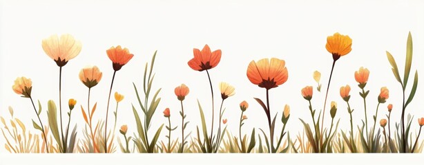 Naklejka premium Cute, simple cartoon flowers in a row on a white background, colorful Generative AI
