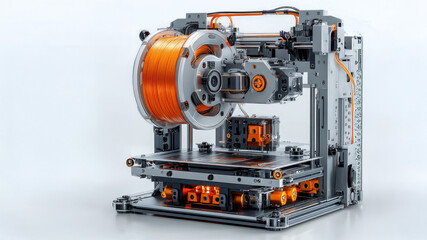 Fototapeta premium Modern 3D Printer with Orange Filament on a Bright Background in High-Resolution Imagery