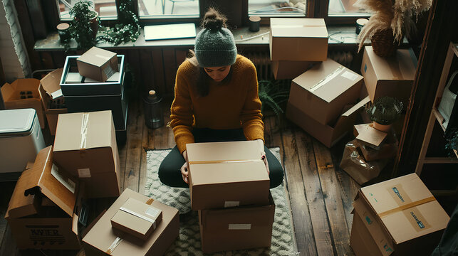 E-commerce business entrepreneur packing online orders at home