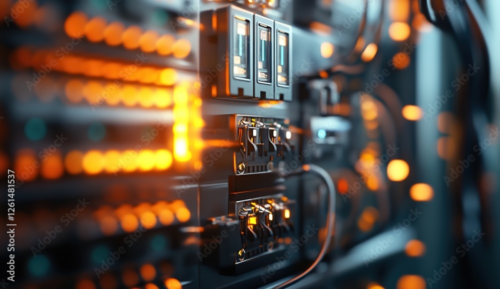 Poster exploring futuristic server racks: data center technology and network infrastructure with illuminate