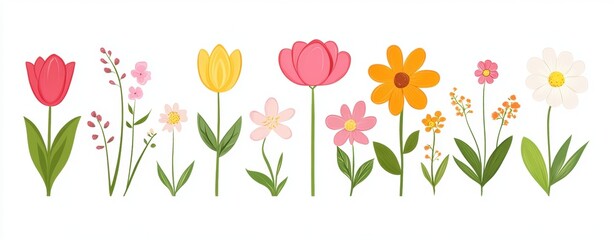 Cute, simple, colorful spring flowers growing in a row on a white background Generative AI