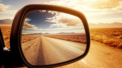 Reflections of a long desert road under a vibrant sunset sky with mountains in the background