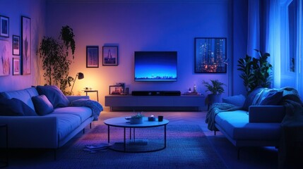 Modern Living Room with Ambient Blue Lighting