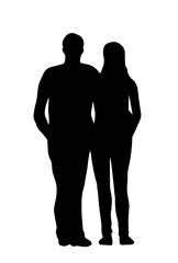 People silhouette. Monochrome black icon with figures of man and woman hugging. Front view of friends or couple. Rear view of standing characters. Flat vector illustration isolated on background
