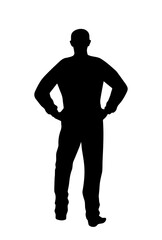 People silhouette. Monochrome black icon with figure of confident man standing with hands on waist. Rear view of character. Back view of person. Flat vector illustration isolated on background