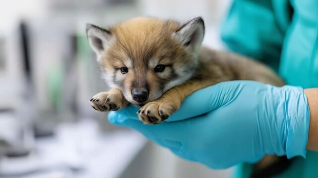 Professional veterinarian wearing blue protective gloves carefully examining sleepy red wolf pup, gently supporting endangered species with compassionate medical expertise