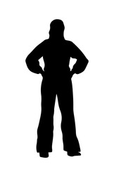 People silhouette. Monochrome black icon with confident businesswoman standing with hands on waist. Entrepreneur or worker. Rear view of character. Flat vector illustration isolated on background