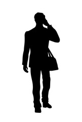 People silhouette. Monochrome black icon of male entrepreneur walking to meeting and talking on phone with colleague. Rear view of character. Flat vector illustration isolated on background