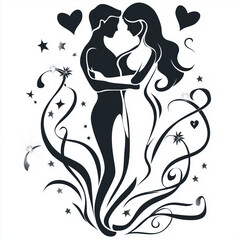 two lovers, surrounded by flowers, abstract style