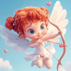 cartoon style cupid shooting an arrow flying into the sky