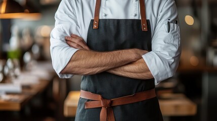 Chef with arms crossed wearing apron. Ideal for restaurant, culinary, or food blogs.