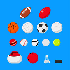 Set of sport balls and attributes. American football, rugby, basketball, volleyball, euro football, golf, tennis, cricket ball, hurling, curling, bowling, badminton, hockey.