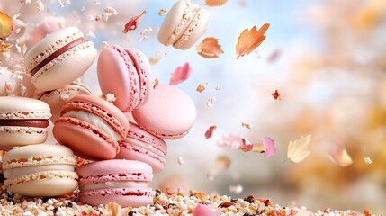 Obraz premium Colorful Macarons with Falling Leaves in Autumn Setting on Wooden Surface
